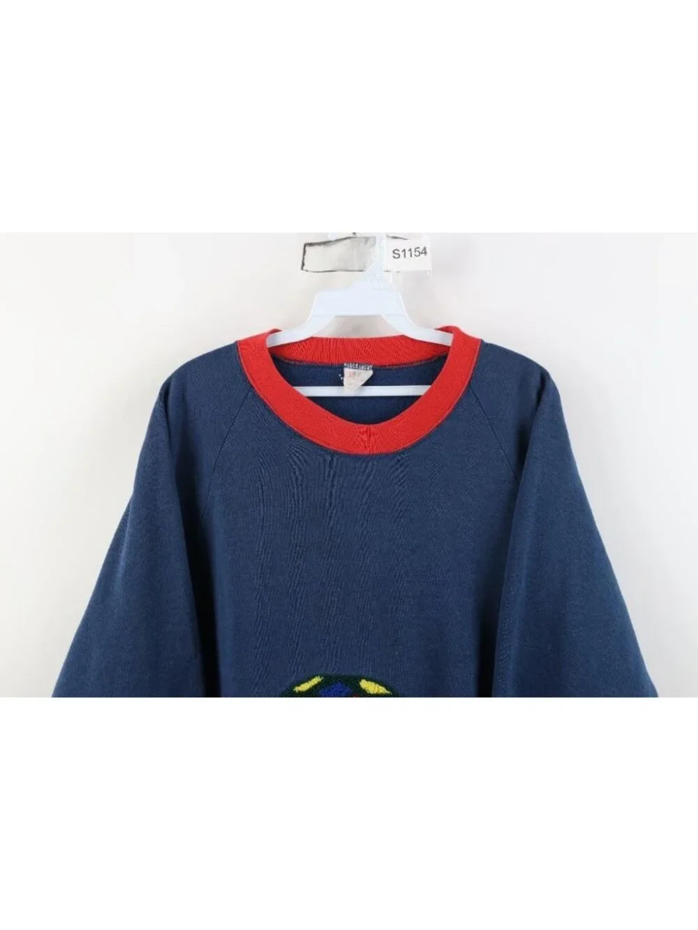 Vintage 70s 80s Womens Large Faded Turtle Felt Patch Ringer Sweatshirt Blue USA